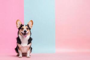 A joyful corgi sits on a colorful backdrop, exuding charm and cheerfulness, ready to capture hearts. photo