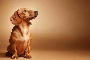 A delightful Dachshund sits attentively against a smooth, warm background, showcasing its expressive features and sleek coat. photo