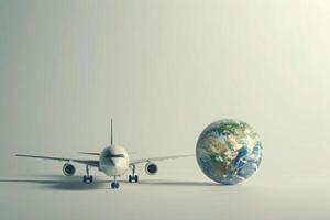 A sleek airplane model is positioned next to a colorful globe, symbolizing travel and exploration against a clean backdrop. photo
