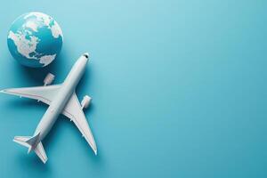 An airplane model rests beside a globe, symbolizing adventure and exploration against a tranquil blue background. photo