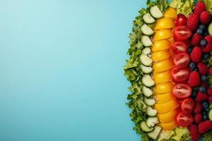 An artistic display of vibrant fruits and vegetables creates a stunning visual feast, highlighting a healthy, balanced diet. photo