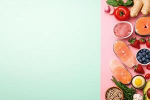 A variety of fresh fruits, vegetables, and proteins arranged thoughtfully on a clean surface, showcasing a nutritious meal prep. photo