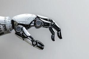 A sleek robotic hand reaches gracefully, showcasing advanced design and technology in automation, set against a minimalist backdrop. photo