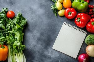 Vibrant vegetables surround a blank notepad, inviting inspiration for crafting a nutritious meal plan with fresh ingredients. photo