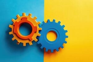 Two interlocking gears in blue and orange lie on a bright background, representing innovation and efficiency in business processes. photo