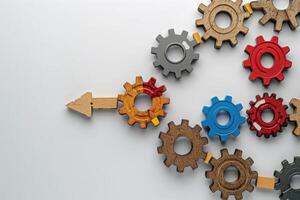Colorful gears and an arrow combine to illustrate streamlined business process automation, showcasing creativity and innovation. photo