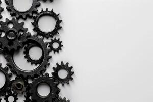 An assortment of black gears is creatively displayed on a pristine background, representing efficiency and the mechanics of automation. photo