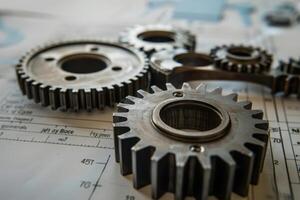 Precision gears arranged on a blueprint symbolize the intricate mechanisms driving business process automation. photo