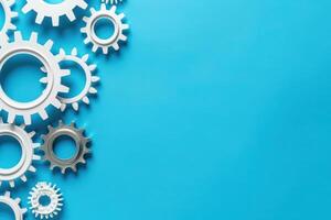 Various gears are artistically arranged on a bright blue backdrop, symbolizing efficiency and innovation in business process automation. photo