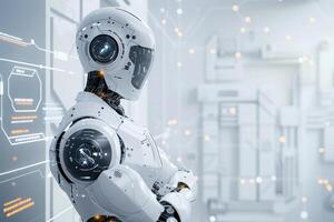 A sophisticated robot stands silently, embodying the future of business process automation amidst a modern, high-tech backdrop. photo