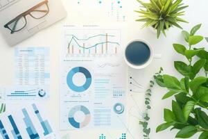 A workspace showcases detailed data charts alongside a potted plant, coffee cup, and eyeglasses, symbolizing productivity and analysis. photo