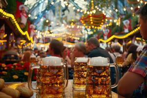 Under twinkling lights, guests enjoy lively conversations alongside frothy beer mugs and warm pretzels at Oktoberfest. photo
