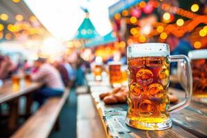 Lively atmosphere filled with laughter as friends enjoy beer mugs and pretzels in a bustling Oktoberfest tent. photo