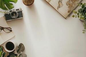 A serene workspace showcases a vintage camera beside a world map, accompanied by a journal, coffee, and fresh plants, inviting exploration and creativity. photo