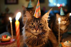 A group of cats wearing party hats gather around colorful treats and candles, creating a joyous birthday atmosphere filled with playful chaos. photo