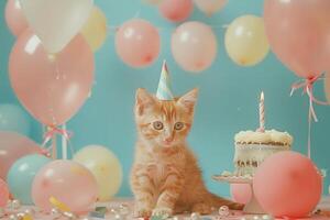 A playful kitten wears a party hat, surrounded by colorful balloons and a delicious birthday cake, creating a joyful celebration atmosphere. photo