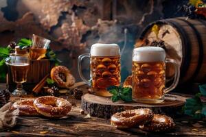 Two frosty mugs of beer sit beside soft pretzels, amidst a festive Bavarian atmosphere filled with greenery and wooden barrels. photo