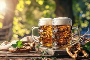 Two frosty beer mugs rest on a wooden table, surrounded by savory pretzels, basking in the warm sunlight of a festive Bavarian gathering. photo