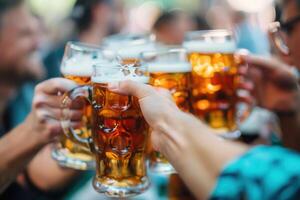 Friends gather joyfully, toasting with large beer mugs while enjoying delicious pretzels at a lively Bavarian festival. photo