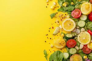 Fresh greens, colorful tomatoes, zesty lemon slices, and crunchy cucumbers blend together in a vibrant display that entices the senses. photo