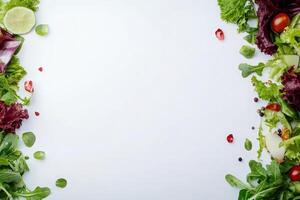 A colorful array of fresh salad ingredients is artistically laid out, showcasing greens, tomatoes, and herbs against a pristine white canvas. photo