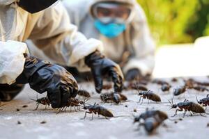 Technicians equipped in protective gear meticulously remove cockroaches from the ground, focusing on effective pest management. photo