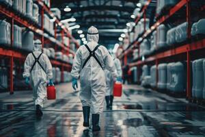 Three technicians in protective suits carry containers as they navigate a large, dimly lit storage area filled with equipment. photo