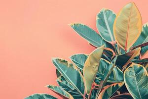 Lush green leaves with hints of yellow contrast beautifully against a warm coral background, creating a tranquil atmosphere. photo