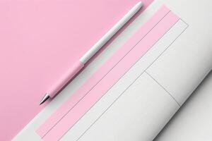 A clean design featuring a contact management layout adorned with a stylish pen, all set against a soft pink backdrop. photo