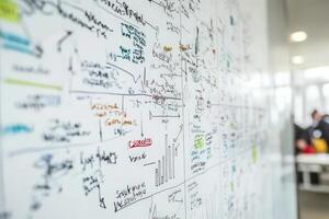 A group engages in a lively brainstorming session, filled with colorful notes, diagrams, and concepts on a clean whiteboard. photo
