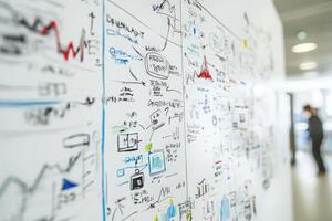 A vibrant brainstorming session unfolds as colorful sketches, graphs, and ideas fill the wall, inspiring collaboration and creativity. photo