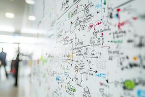 A group is engaged in a vibrant brainstorming session, surrounded by a wall covered in colorful notes and diagrams illustrating ideas and concepts. photo