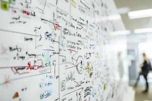A vibrant array of sketches and notes fills the office wall, capturing ideas in a collaborative brainstorming session. photo