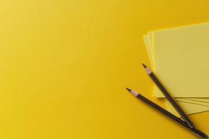 Bright yellow papers and pencils arranged for a lively creative brainstorming session, inviting inspiration and collaboration among participants. photo