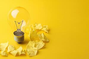 A bright yellow background sets the stage for a light bulb surrounded by crumpled paper, symbolizing moments of inspiration and creative thought. photo