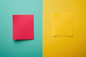 Bright sticky notes in red and yellow contrast against turquoise and yellow backgrounds, sparking inspiration during a collaborative session. photo