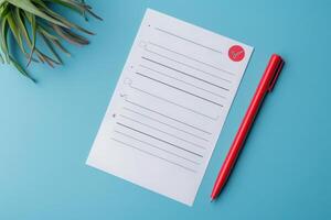 A clean feedback form featuring checkboxes and lines for responses is accompanied by a vibrant red pen, set against a calming blue backdrop. photo