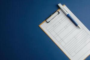 A neatly arranged feedback form lies on a solid blue surface, accompanied by a pen, inviting responses and thoughts. photo