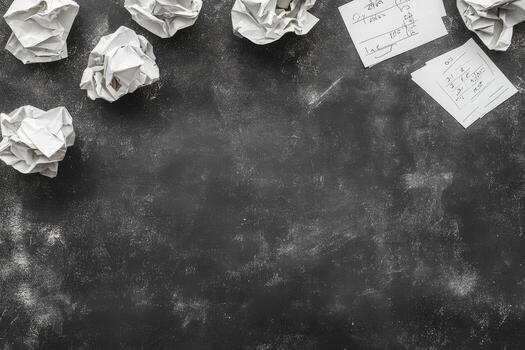 A group of crumpled papers and scattered notes lie on a textured black surface, indicating an intense brainstorming session filled with ideas and inspiration. photo