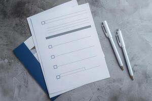 A customer feedback form alongside two pens rests on a textured gray background, inviting responses and insights. photo