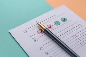 A neatly designed feedback form rests against a vibrant background, with a pen positioned for easy completion and evaluation. photo