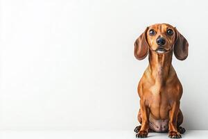 A lively dachshund sits contentedly, showcasing its charming features against a minimalist backdrop. photo