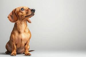 A playful Dachshund sits with an inquisitive expression, showcasing its charming personality against a minimalist backdrop. photo