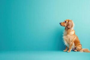 A delightful dachshund sits serenely on a smooth surface, showcasing its playful elegance amid a vivid turquoise backdrop. photo