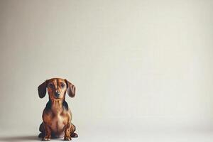 A charming Dachshund sits gracefully against a clean, solid backdrop, capturing its curious and friendly spirit. photo
