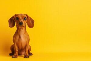 A cheerful Dachshund sits gracefully on a bright yellow background, its expressive eyes and unique shape capturing attention effortlessly. photo