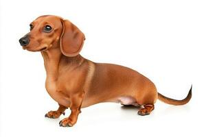 A cheerful Dachshund showcases its unique long body and playful spirit, set against a clean, bright background that enhances its charming features. photo