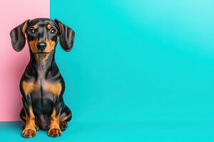 A charming Dachshund sits attentively on a bright turquoise and pink background, showcasing its sleek coat and expressive eyes. photo