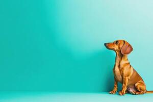 A playful Dachshund sits attentively against a bright teal background, showcasing its sleek form and expressive posture. photo