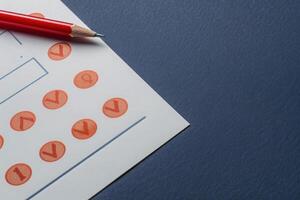 A neatly filled out customer feedback form rests on a clean background, featuring red circles marking responses alongside a pencil. photo
